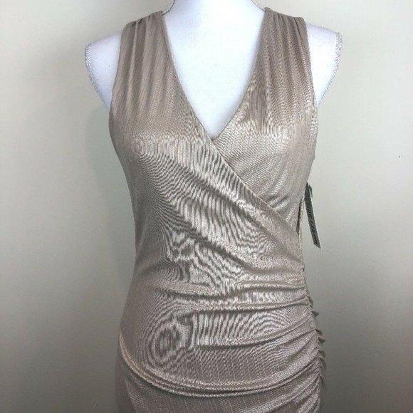 Design Lab Womens Size S Gold Champagne V-Neck Ruched Sleeveless Dress NWT - Picture 2 of 8